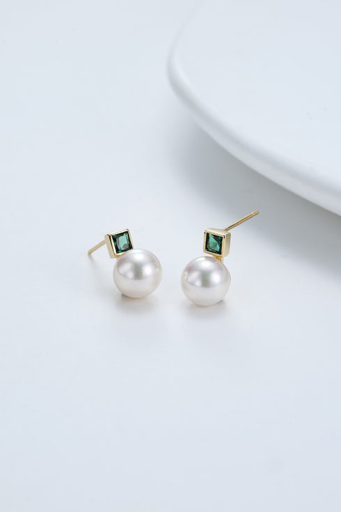 7-8mm White Akoya Green Zirconia Sasha Stud Earrings